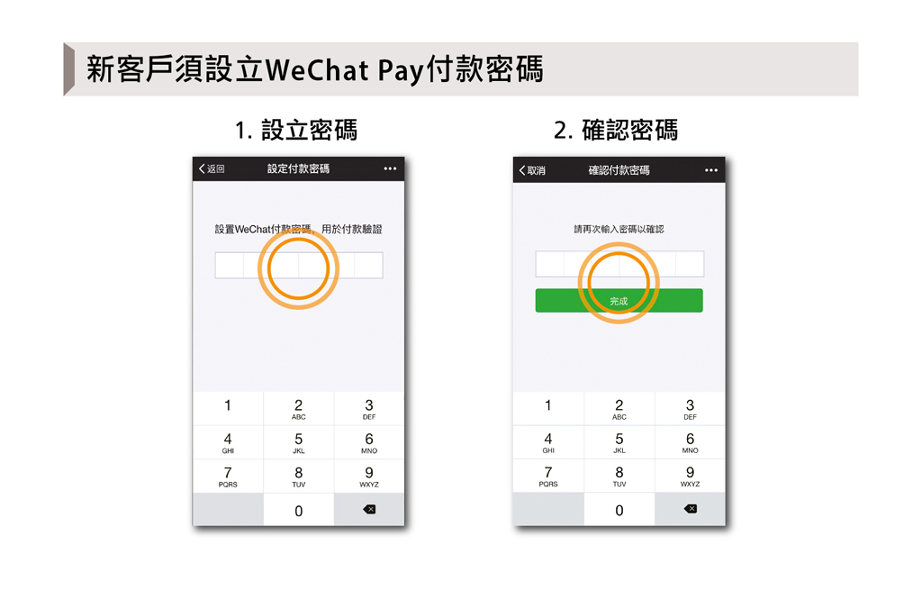 新客戶須設立WeChat Pay付款密碼
          1. 設立密碼
          2. 確認密碼